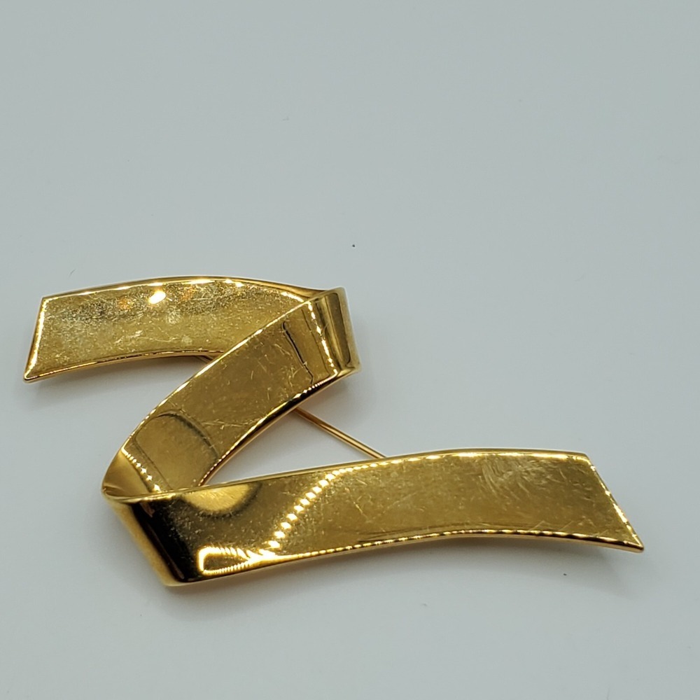 Monet Womens Vintage Ribbon Brooch Gold‎ Tone Abstract Minimalist Classic